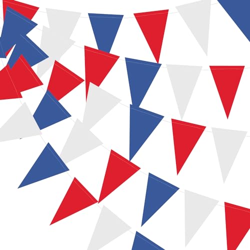 Image of XIANMU 40 Feet 104 Pcs Red White Blue Banner Patriotic Party Decorations Paper Pennant Triangle Flag Bunting Garlands for 4th of July Independence Day Graduation Party Decoration Supplies