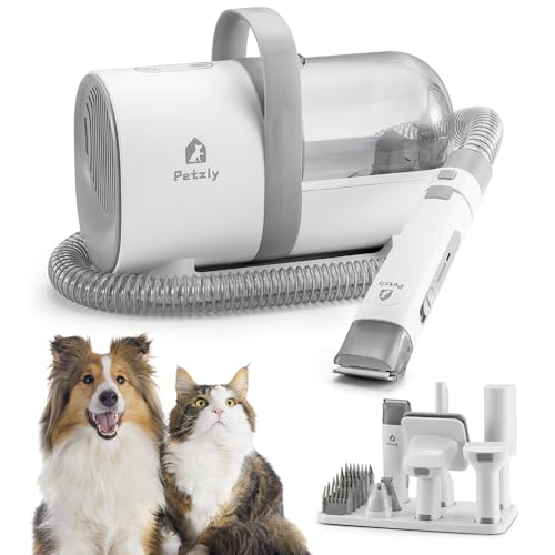 Petzly Dog Grooming Kit, 7 in 1 Pet Grooming Kit with 3 Suction Mode and 1.5L Large Dust Cup, 10000Pa Powerful Dog Vacuum for Shedding Grooming Hair, Low Noise Electric Clipper and Brush, White