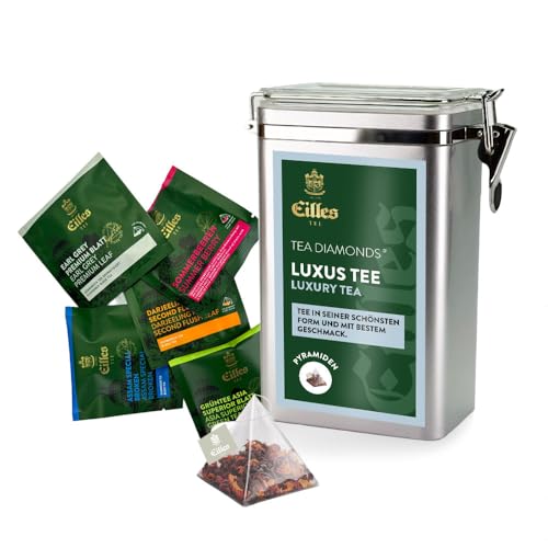 LUXUS TEE Premium Aromadose mit 5 Sorten EILLES Tea Diamonds, 15 Portionen gesamt, wiederverschließbare Dose mit Crystal-Deckel