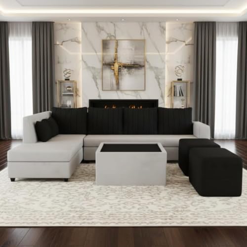 Image of CASASTYLE Stylano 8 Seater Fabric LHS L Shape Sofa Set with 1 Centre Table & 2 Ottoman (Black-Light Grey) 8-Person Seating with Premium Velvet Fabric Sofa