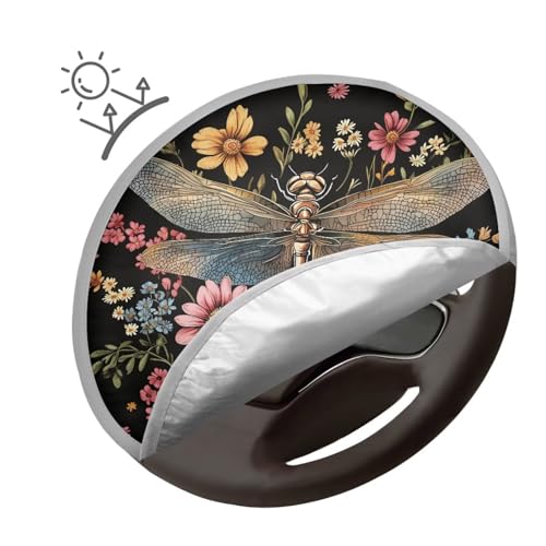 Image of Flower Dragonfly Car Steering Wheel Sun Shade Cover Foldable Car Interior Accessories Sun Shade for UV Protection Lightweight Universal Fit Most Cars Women Men