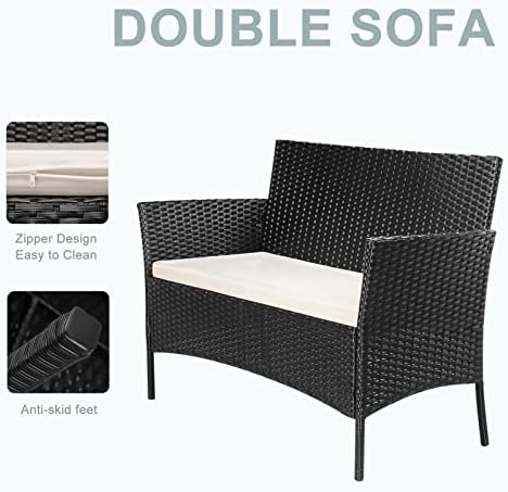Xhomrattan Rattan Garden Furniture Sets, 4 Piece Outdoor Garden Patio Furniture with Thick Cushion, 2 Seaters Wicker Rattan Sofa, Chairs, Coffee Table for Backyard, Lawn, Balcony, Conservatory, Black