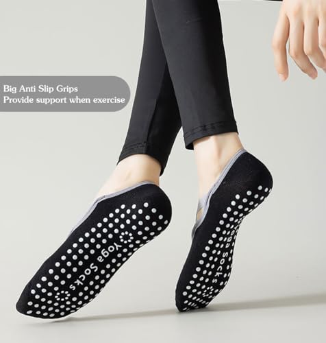 Image of Yoga Socks for Women Non-Slip Grips & Straps, Ideal for Pilates, Pure Barre, Ballet, Dance, Barefoot Workout Black+Pink