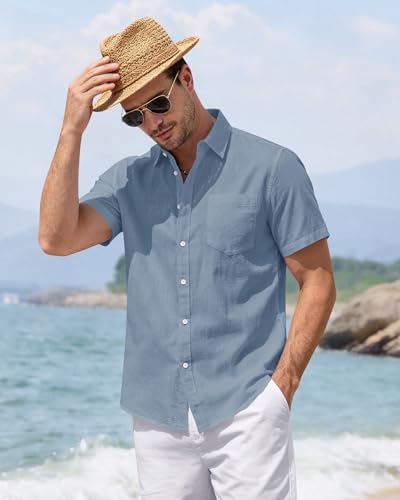 Image of J.VER Mens Linen Shirt Short Sleeve Button Down Casual Summer Shirts | Cotton Linen, Untucked, Big Tall, from Beach Camp Vacation, Cruise Fishing, Work Office, to Wedding Party Family, with Pocket