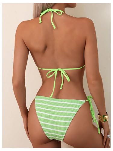 MakeMeChic Women's 2 Piece Bikini Set Striped Textured Halter Triangle Tie Side Swimsuits3