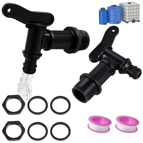 Auslaufhahn für Regentonne, 2 Stück Kunststoff Ersatz Hahn, 3/4 Zoll Kunststoff Auslaufhahn, mit Dichtung Kontermutter Dichtband, für Regentonne, Garten Wassertank und Wassertonne, Schwarz