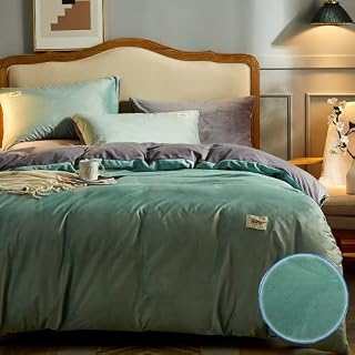 Beyeutao Soft Flannel Duvet Cover King Warmth Bedding Set Solid Color Green Grey Double Size Duvet Cover Set 3 Pieces Bedding Set with Velvet Duvet Cover Pillowcases.(Green+Grey, King)
