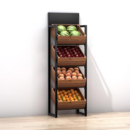 ZJKXJH 4 Tier Wood Fruit and Vegetable Basket Stand Rack, Commercial Produce Potatoes and Onions Floor Storage, Detachable Supermarket Retail Display Holder/Wine Shelf(Black Rack+Brown Basket)