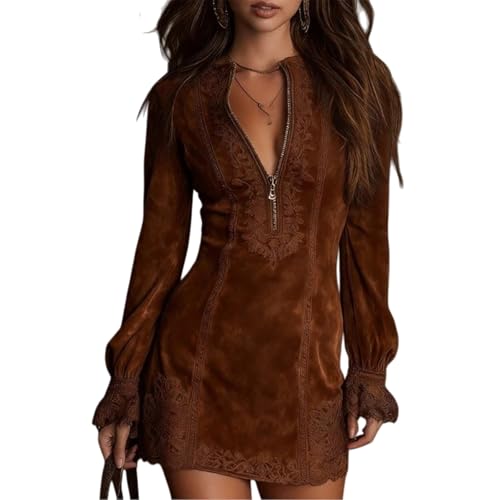 Mini robe en suédine avec bordure en dentelle pour femme - Col en V - Fermeture éclair sur le devant - Manches longues, marron foncé, XS