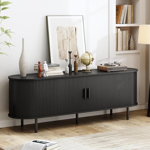 Image of 63 inch TV Stand with Power Outlet, Modern Media Console with Sliding Doors, Entertainment Center for TVs up to 60 Inch, Adjustable Shelves, Black