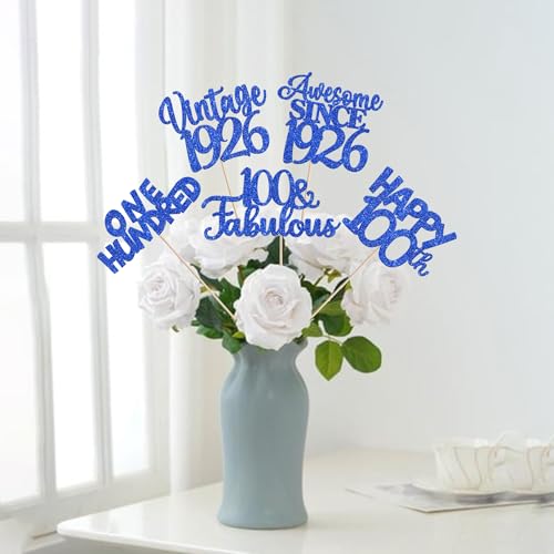 Image of 15 PCS Blue 100th Birthday Centerpiece Sticks One Hundred Happy 100th Vintage 1926 Table Flower Centerpieces Sticks Cheers to 100 Fabulous Floral Decorations for 100th Birthday Party Supplies
