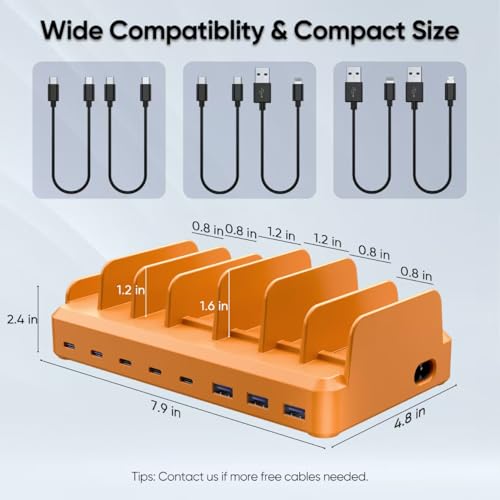 Image of 300W Charging Station for Multiple Devices, 8 Port Multi USB C Fast Charger Station Dock for MacBook iPhone 16 /15 /14 /13 /12 Samsung Pixel Series iPad, Orange (6 Mixed Short Cables Included)