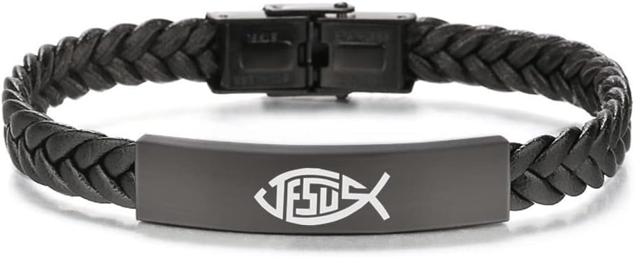 Dainty Christian Jesus Fish Ichthys Faith Leather Bracelet, Catholic Christ Lords Guidance Meditation Bangle for Prayer Baptism Communion Church Birthday, 8.26