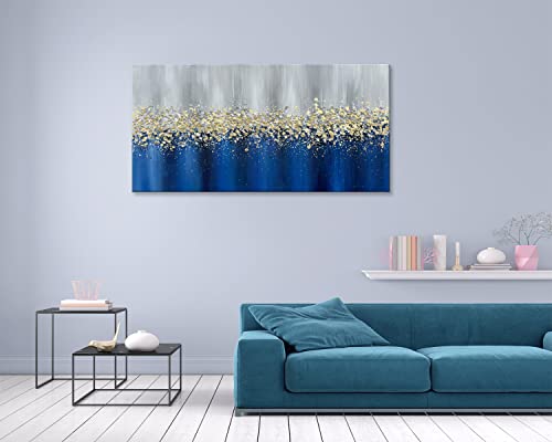 Eonzeun Hand Painted Abstract Blue And Gold Oil Painting On Canvas Wall Art,Large Modern Textured Wall Painting For Wall Decorations 24X48 Inch #TOP4