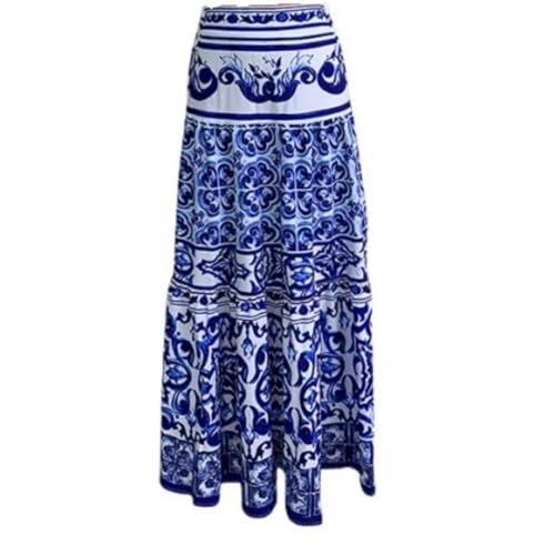Skirt for Women Spring Printed Boho Loose High Waist Maix Blue Holiday Beach Ladies