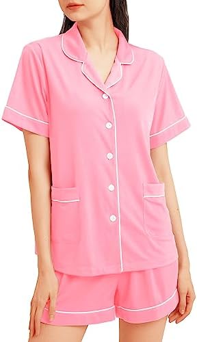 Guunify Ladies Womens Matching Button Up Pajama Pajamas Lounge Sleepwear Shorts Sets for Women Soft Comfy Preppy Bridesmaid Pj Set (l, Pink)