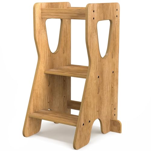 COSYLAND Torre de Aprendizaje Montessori de Madera – Altura Ajustable en 3 Niveles – para Niños Desde 18 Meses – con Barandillas de Seguridad – Estable y Fácil de Montar – Natural, Forma R