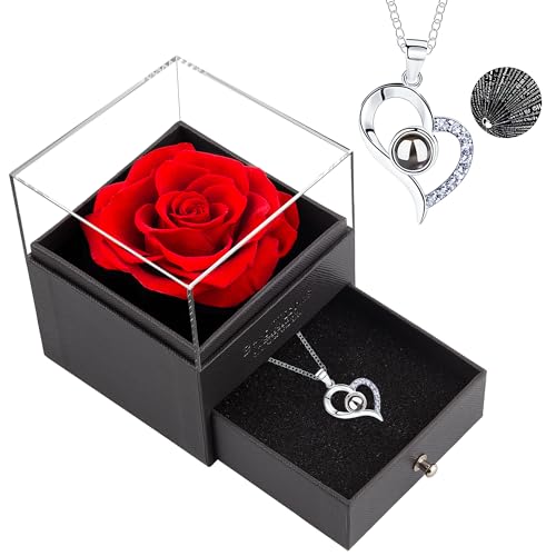 MOKOQI Valentine's Day Gifts for Women Preserved Red Real Rose with Necklace in 100 Text Says I Love You Eternal Flowers Rose Gifts for Wife Girlfriend Mom Her on Valentines Day Mothers Day Birthday Gifts for Women