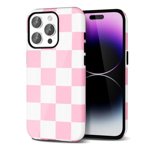 Coque iPhone 14 Pro Max rose motif à carreaux et damier coloré pour fille