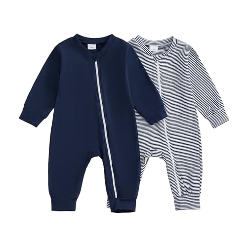 woshilaocai Baby 2 Pack Zipper Jumpsuit Boy Girl Long Sleeve Plain&Striped Cotton Infant Romper