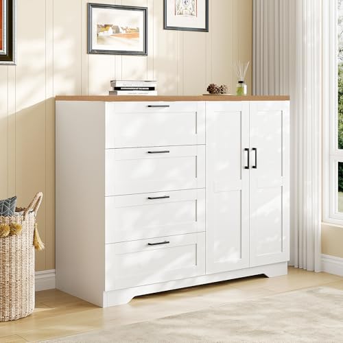 GarveeHome Multifunctional Wooden Dresser for Bedroom, 43.3'' H 2 Door Wardrobe Armoire Closet with 4 Drawers and Hanging Rod, Low Storage Cabinet for Hanging Cloth, White and Brown