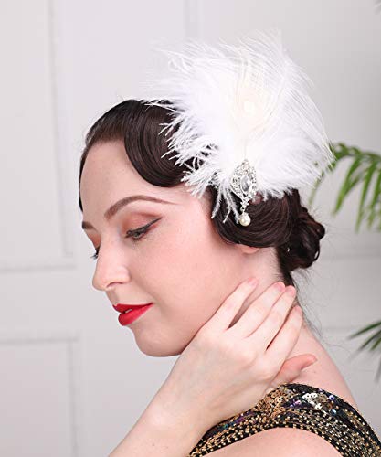 Aimimier 1920S Flapper White Feather Headpiece Crystal Pendant Hair Clip Roaring 20S Feather Accessories Masquerade Gatsby Hair Jewelry For Women And Girls #TOP1