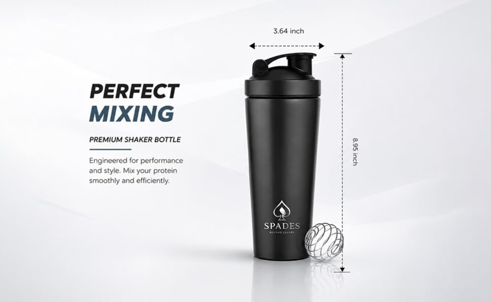 Image of SPADES Stainless Steel Gym Shaker Bottle 750ml with Mixing Ball | Leakproof Protein Shaker for Gym, Wide Mouth, Leckproof, Measurement Markings, Sipper Cap | Metal Shaker for Men (Black /P1)