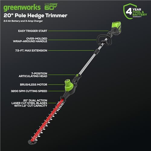 Image of Greenworks 60V 20 inch Brushless Cordless Battery Powered Pole Hedge Trimmer, 2.0Ah Battery and Charger Included