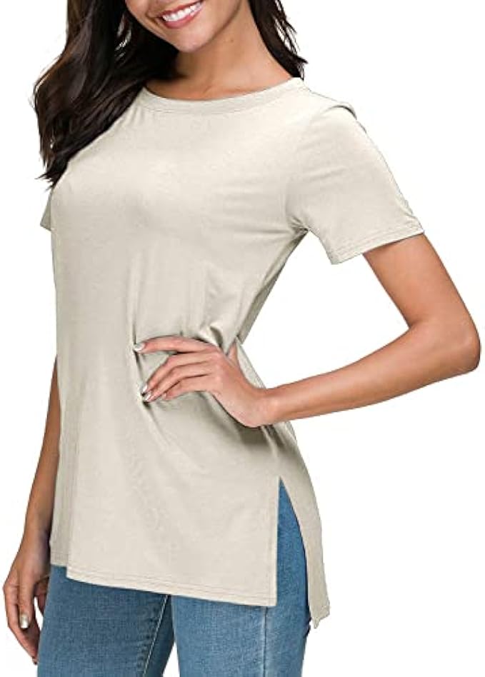 Herou Summer Women Casual Short Sleeve Tops T-Shirts Tees with Side Split