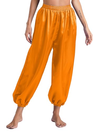Nyeemya Calças de bombachos de dança do ventre mulher calças largas de elástico cintura calças dança disfarce de bailarina Halloween festa S-XXL, Laranja