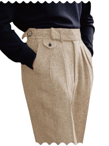 Ceehuteey Men's High Waisted Dress Pants Pleated Front Tweed Retro Wool Trousers