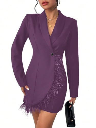 WDIRARA Women's Fuzzy Trim Wrap Button Front Long Sleeve Shawl Collar Blazer Dress