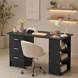 Katalora Nail Desk with Drawers & Shelves, Manicure Table for Home Salon, White Nail Table with Storage, Modern Beauty Workstation (Black)