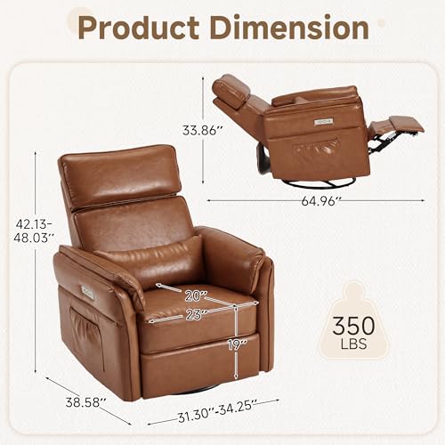 Image of MELLCOM Power Recliner Rocking Chair with Adjustable Arms and Headrest, Swivel Electric Glider Reclining Nursing Chair Nursery Gliders with USB Port and Storage Bags, FSC Certified(Leather, Brown)
