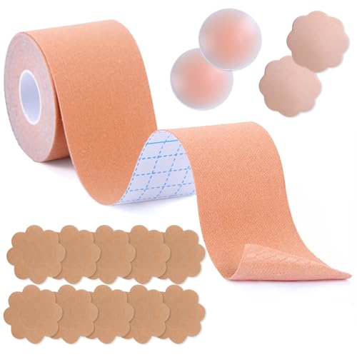 Soutien Gorge Invisible Adhesif, Remonte Sein Adhesif pour Bonnet A-G Gros Seins, Breast Lift Tape, Boob Tape avec 2 Paires Cache-tétons Réutilisables et 10...