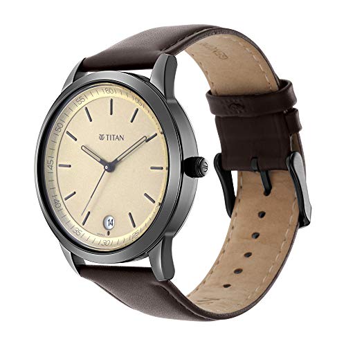 Image of Titan Minimalist Timeless Style Quartz Analog With Date Champagne Dial Dark Brown Leather Strap Watch for Men - NP1806NL02