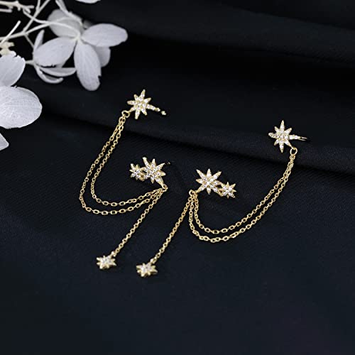 SLUYNZ 925 Sterling Silver Fashion Star Cuff Earring Chain for Women Star Crawler Earring Wrap Earrings 6