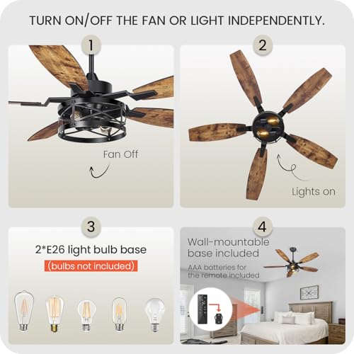 Image of 50 Inch Farmhouse Ceiling Fan with Lights and Remote, Timer, Dual Finish 5 Blades (Rustic Brown and Oak), 6 Speeds, Reversible DC Motor, Rustic & Industrial Caged Ceiling Fan for Bedroom FB04CF05