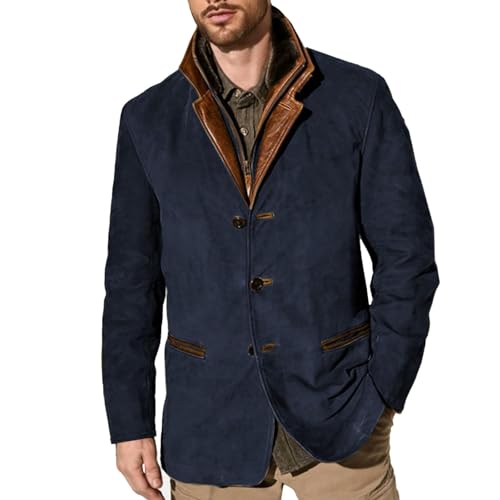 Akivide Men's Vintage Faux Suede Blazer Leather Suit Jacket Casual Military Notch Lapel Button Zip Sport Coat with Pockets