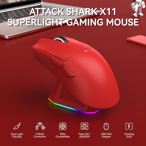 Image of ATTACK SHARK X11 Wireless Gaming Mouse, PAW3311 Sensor, Lightweight, RGB Charging Dock, 22,000 DPI, Tri-Mode Connectivity, 5 Programmable Buttons - Red