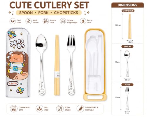 Image of Kids Cutlery Set with Box | Stainless Steel Spoon /Fork /Chopsticks | BPA-Free Food Grade Portable Lunch Utensils for School, Travel, Picnic & Camping