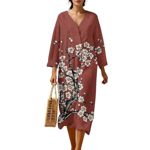 Yuresuaet White Flower Lightweight Linen Dress Women V-Neck Long Sleeve