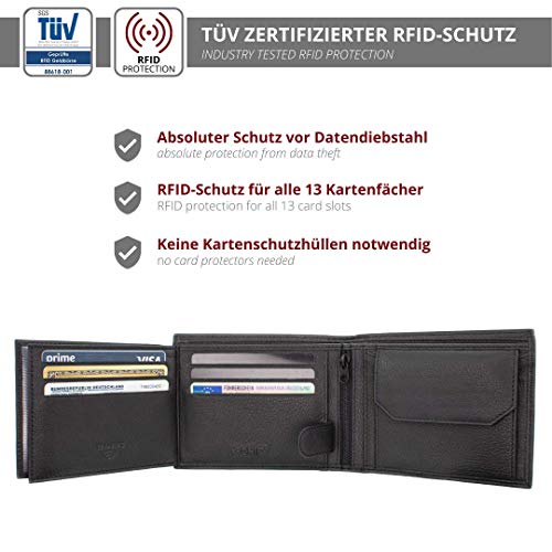 KRONIFY Leder Geldbörse Herren I Echtleder Portmonee I RFID Schutz I Querformat I Geldbörse mit Münzfach I 13 Kartenfächer I Geldbeutel Herren I Geschenk Box I Nappa Schwarz 2
