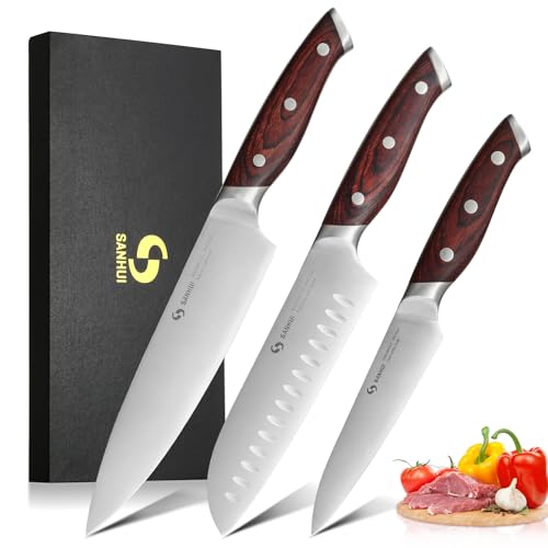 SANHUI - SANHUI Kitchen Knife Set of 3,Professional Kitchen Knives with High Carbon Stainless Steel, Ultra-Sharp Chef Knife Set Includes Chef, Santoku & Utility Knives with Ergonomic Pakkawood Handle