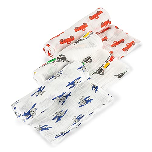 Image of LollyBanks 3 Pack Muslin Swaddle Blanket, 100% Muslin Cotton Soft Swaddle Blankets for Baby Boys, 47 X 47 Inches Cozy Swaddles for Newborns, Baby Essentials, Registry (Trucks Airplanes and Trains)