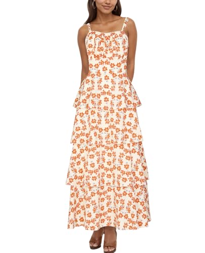 Image of Tiered Ruffle Dress Women Casual Summer Spaghetti Strap Sleeveless Floral Layered Maxi Dress for Women Beach Sundress