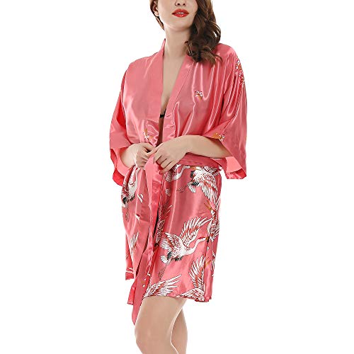Women Kimono Robes Satin Dressing Gown Crane and Blossoms Sleep Lounge Nightwear Short Silk Bride Bridesmaid Robe