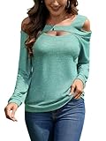 NILOINE Women's Off Shoulder Long Sleeve T Shirts Hollow Out Neck Tops Solid Cold Shoulder Tunic Top 2025 Fall Sexy Blouse(1-Green,Medium)