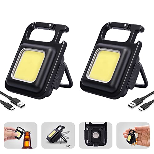 ZHAN GE 2 Pack Mini Keychain Lights COB Keychain Work Light Key Chain Flashlights Led Mini USB Rechargeable Light 1000 High Lumens 4 Light Modes Waterproof Multifunctional