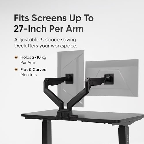 Image of Frido ErgoLuxe Dual Monitor Arm Desk Mount, Height Adjustable Gas Spring VESA Monitor Stand with Independent Tilt, Swivel & Rotation, Supports Two 17-27 Inch Monitors, Heavy Duty Steel | 2-10kg, Black